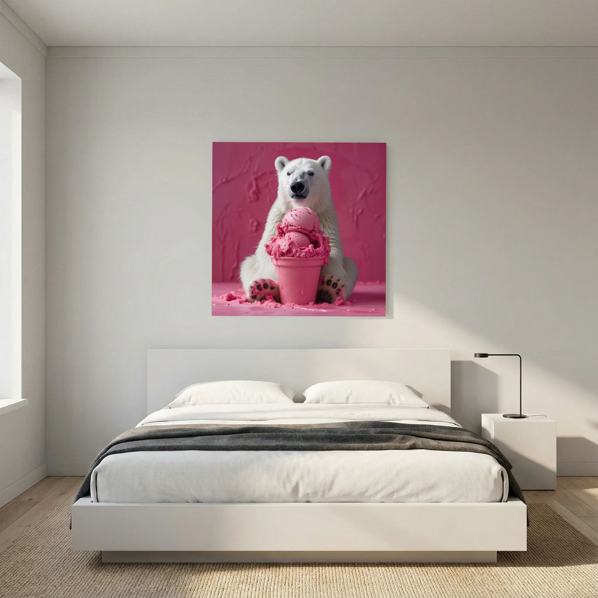 Affiche Pink Polar Ice Cream de MaxL au-dessus d'un lit, dans une chambre