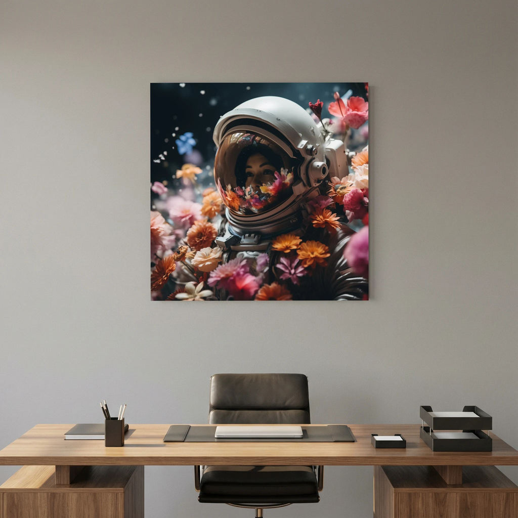 Affiche Flowers in space de MaxL au-dessus d'un bureau en bois