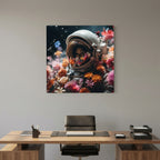 Affiche Flowers in space de MaxL au-dessus d'un bureau en bois