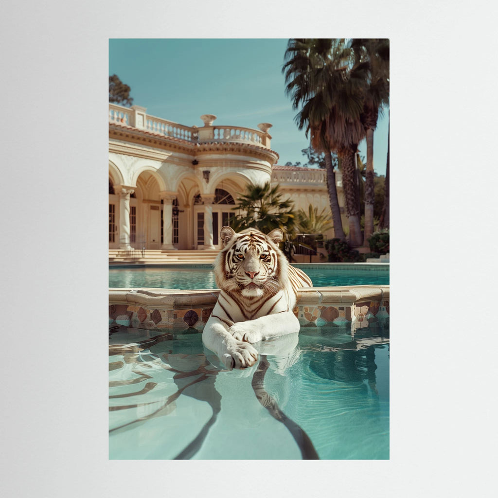 Tiger Nap, affiche sur papier fine art de MaxL : un tigre blanc fait la sieste au bord d'une piscine