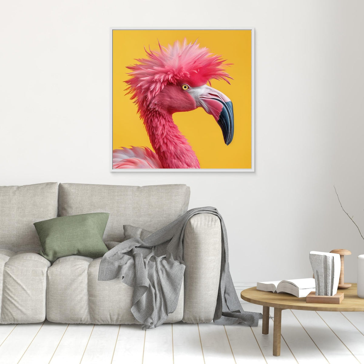Punk Flamant Rose, tirage sur toile de MaxL au mur, mise en situation 1