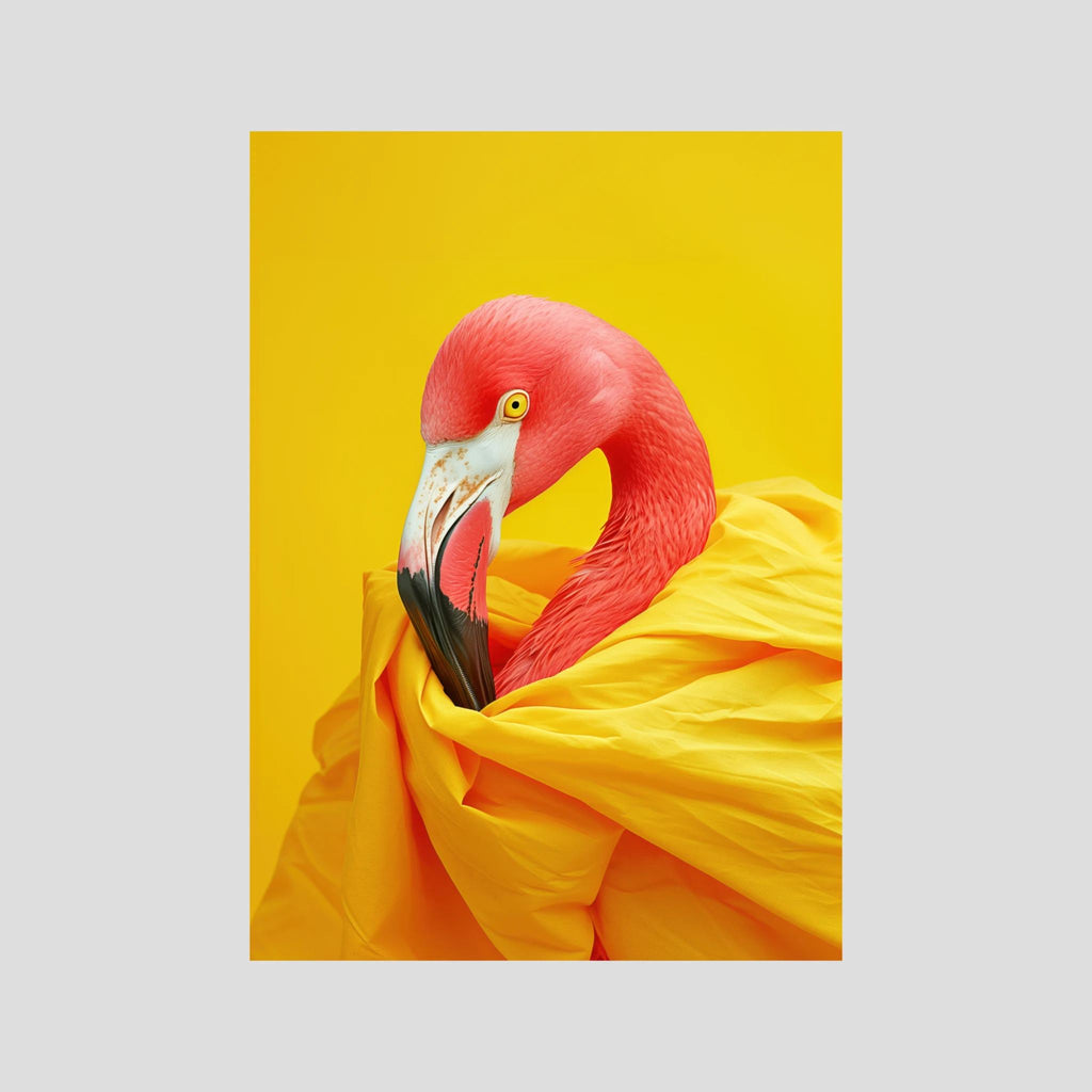 Diva Flamingo Portrait, affiche sur papier fine art de MaxL : un flamant rose drapé dans une étoffe jaune, sur fond jaune