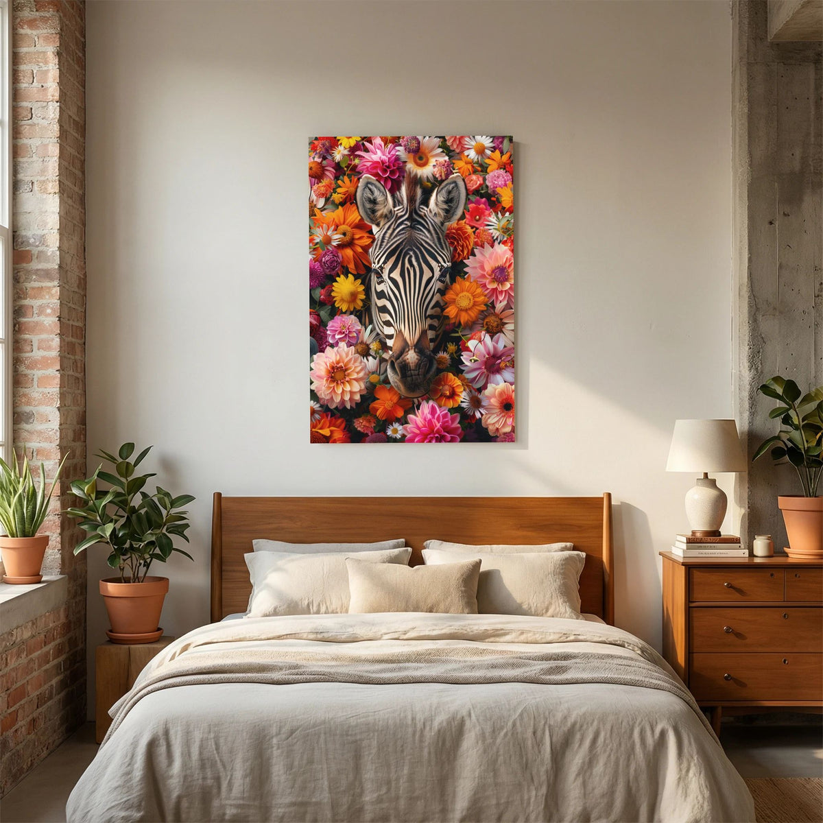 Affiche Zebra Flowers Portrait de MaxL au-dessus d'un lit, dans une chambre