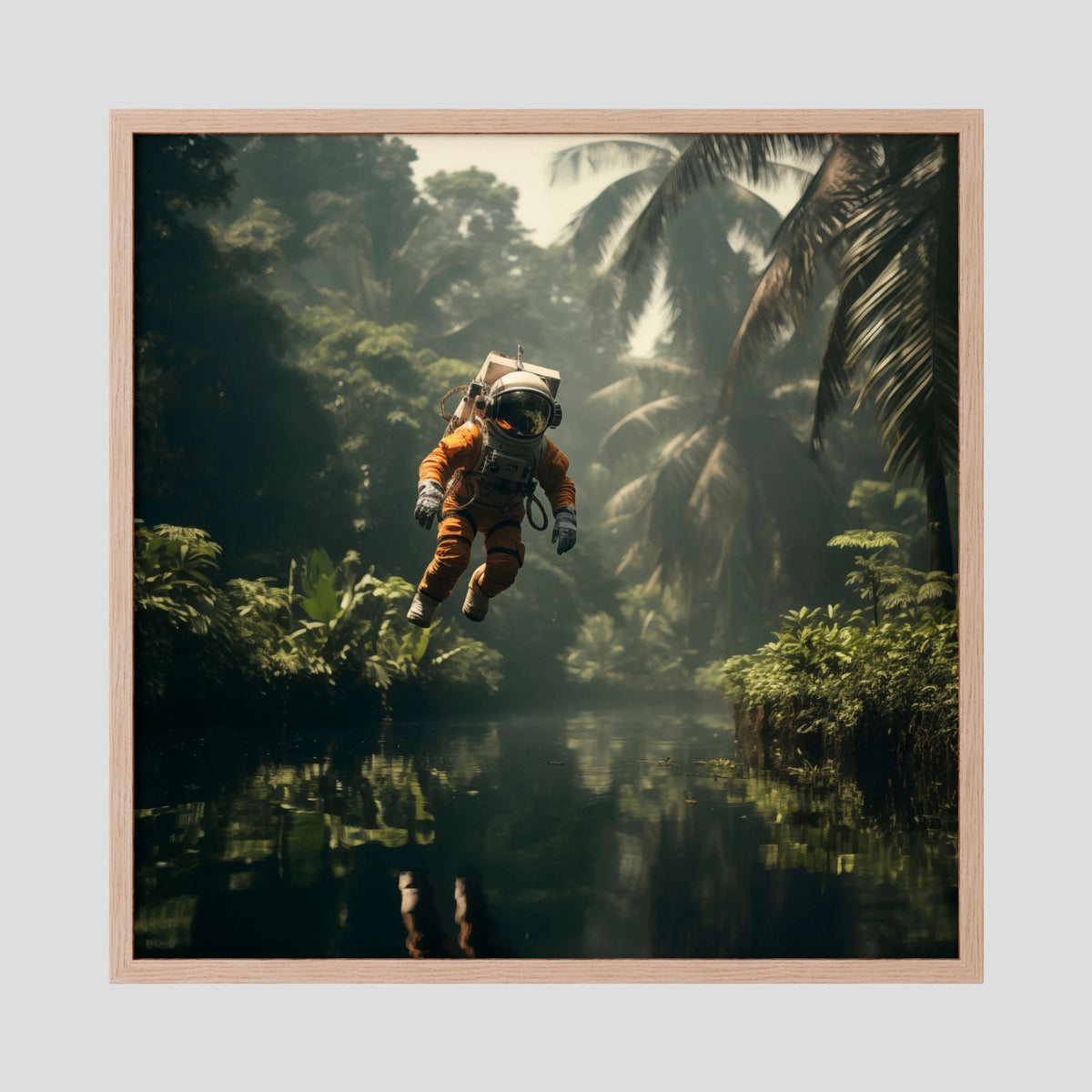 Affiche Flying astronaut in jungle de MaxL encadrée, cadre en chêne clair
