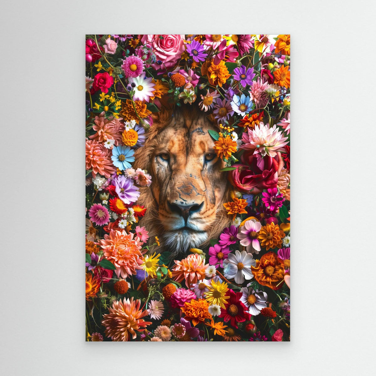 Lion Flowers Portrait, tirage sur toile sans cadre de MaxL