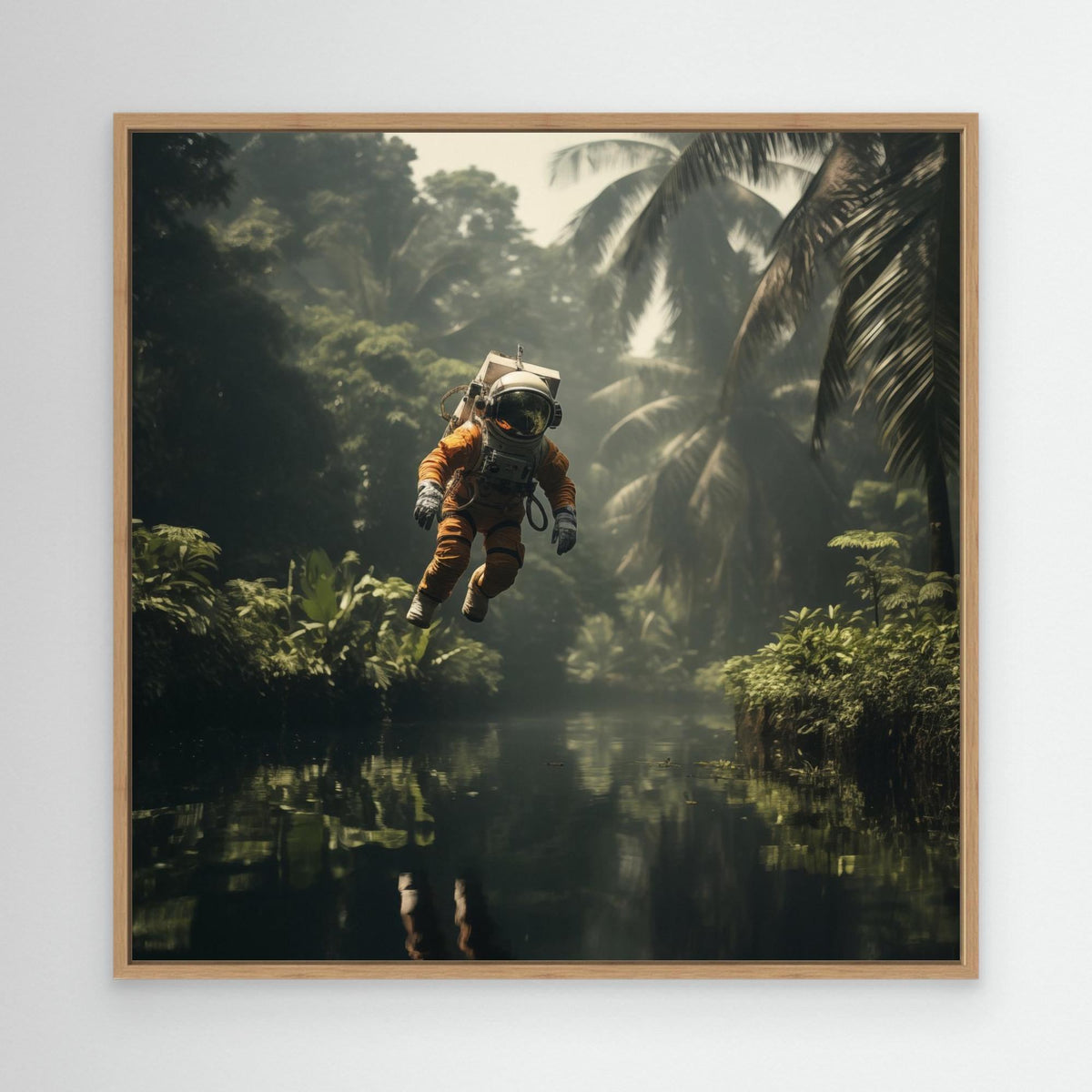 Flying astronaut in jungle, tirage sur toile de MaxL avec cadre chêne