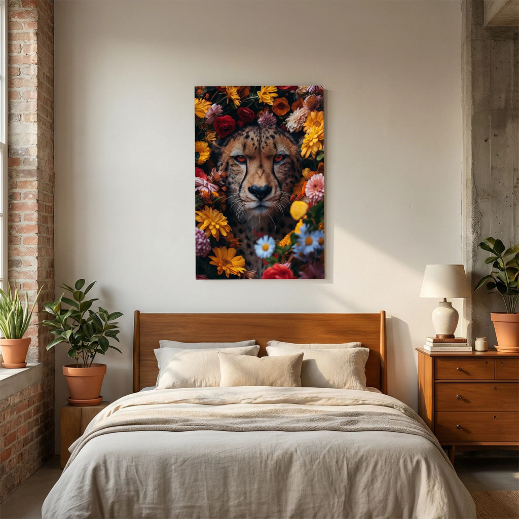 Affiche Cheetah Flowers Portrait de MaxL au-dessus d'un lit, dans une chambre