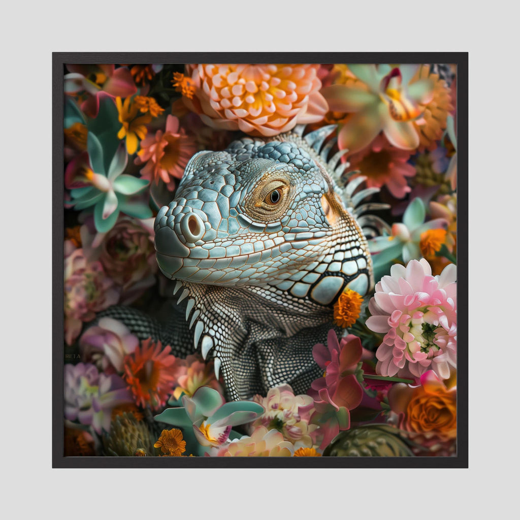 Affiche Iguana Flowers de MaxL encadrée, cadre en bois noir