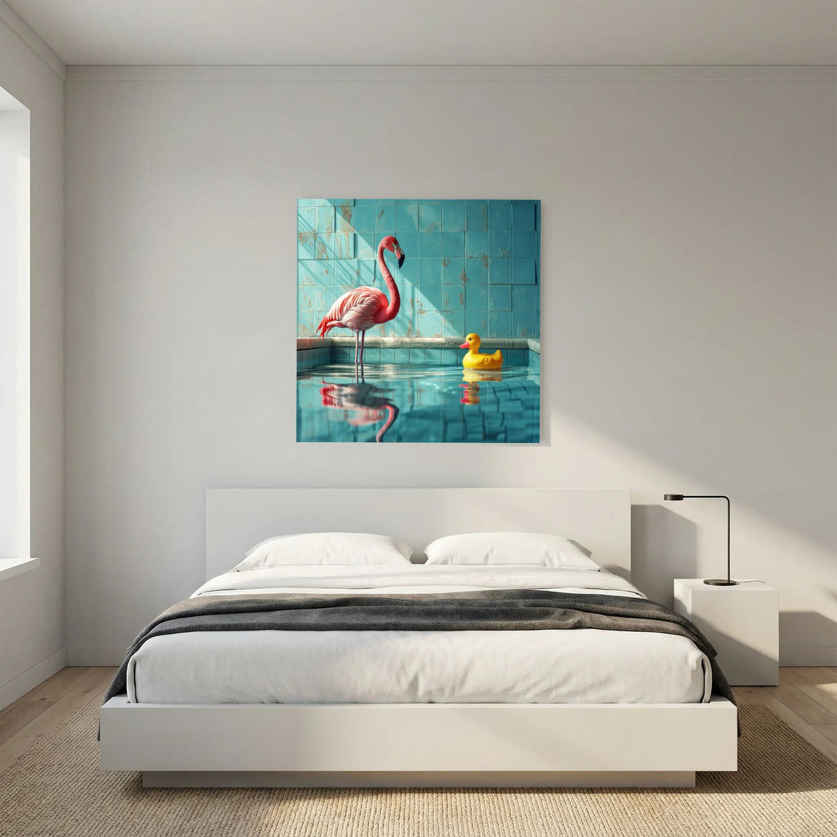 Affiche Canard de bain de MaxL au-dessus d'un lit, dans une chambre