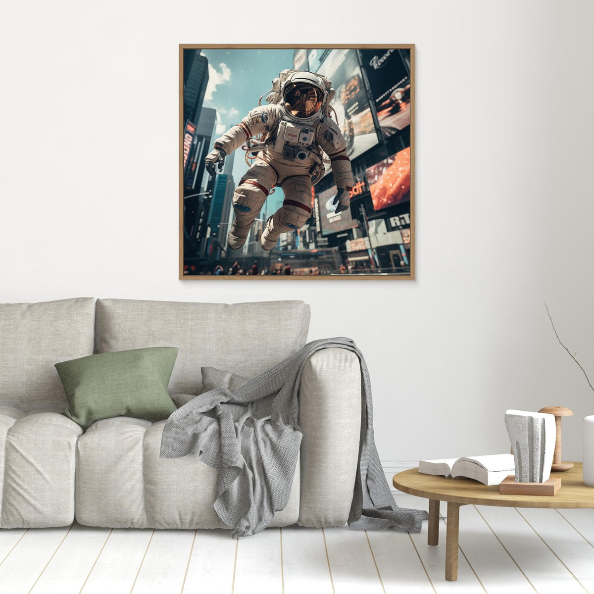 Flying astronaut in New York, tirage sur toile de MaxL au mur, mise en situation 1