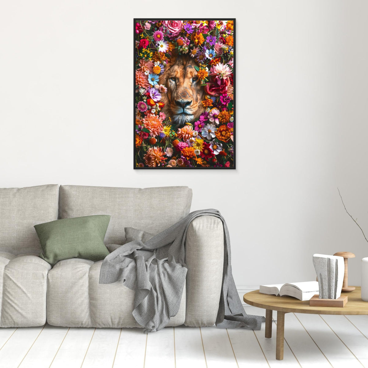 Lion Flowers Portrait, tirage sur toile de MaxL au mur, mise en situation 1