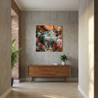 Affiche Iguana Flowers de MaxL au-dessus d'un buffet en bois