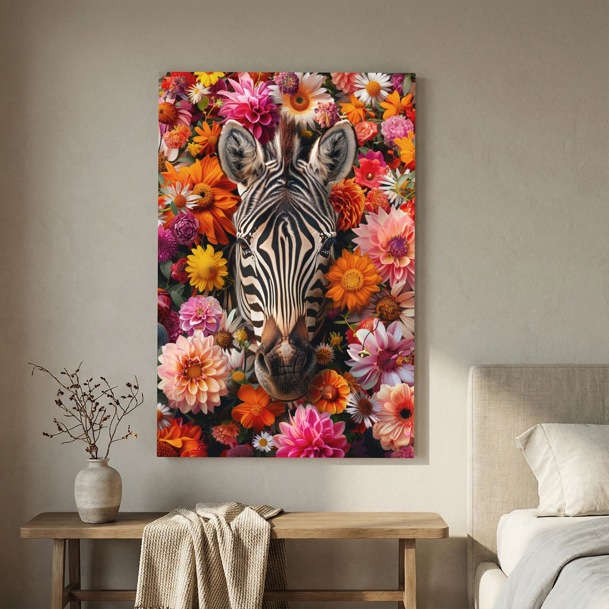 Affiche Zebra Flowers Portrait de MaxL au-dessus d'une console en bois