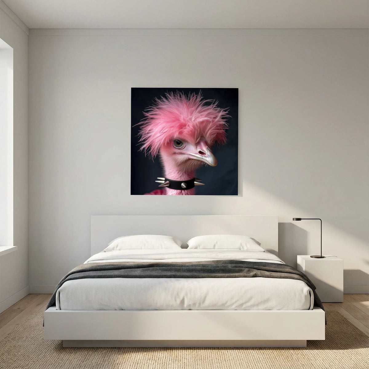 Affiche Punk Autruche de MaxL au-dessus d'un lit, dans une chambre