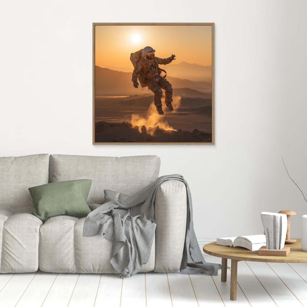 Flying astronaut in desert, tirage sur toile de MaxL au mur, mise en situation 1