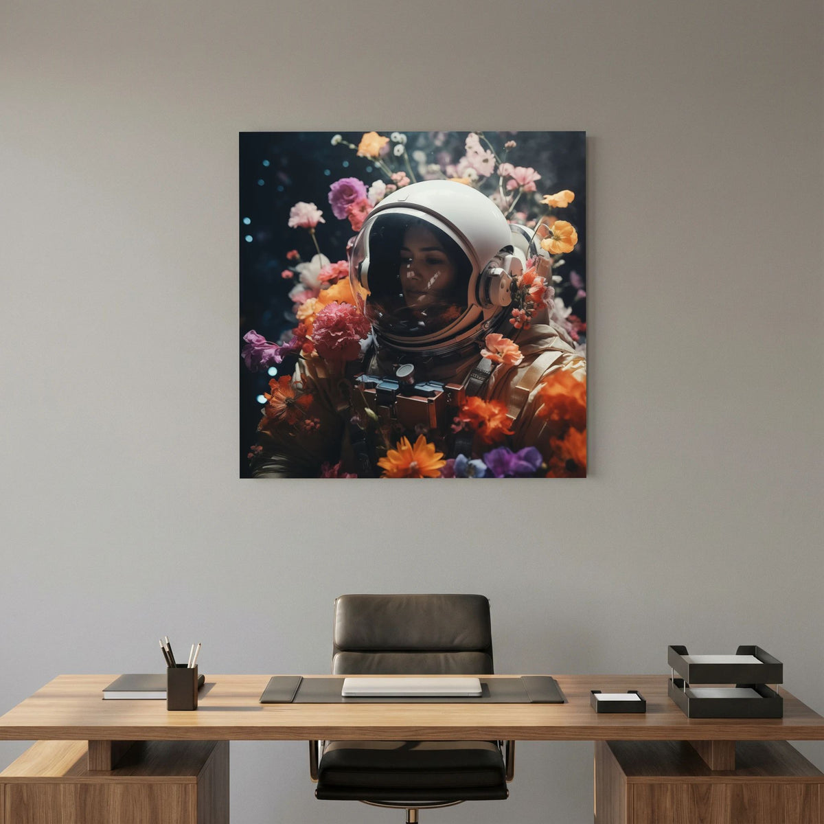 Affiche Flowers in space #3 de MaxL au-dessus d'un bureau en bois