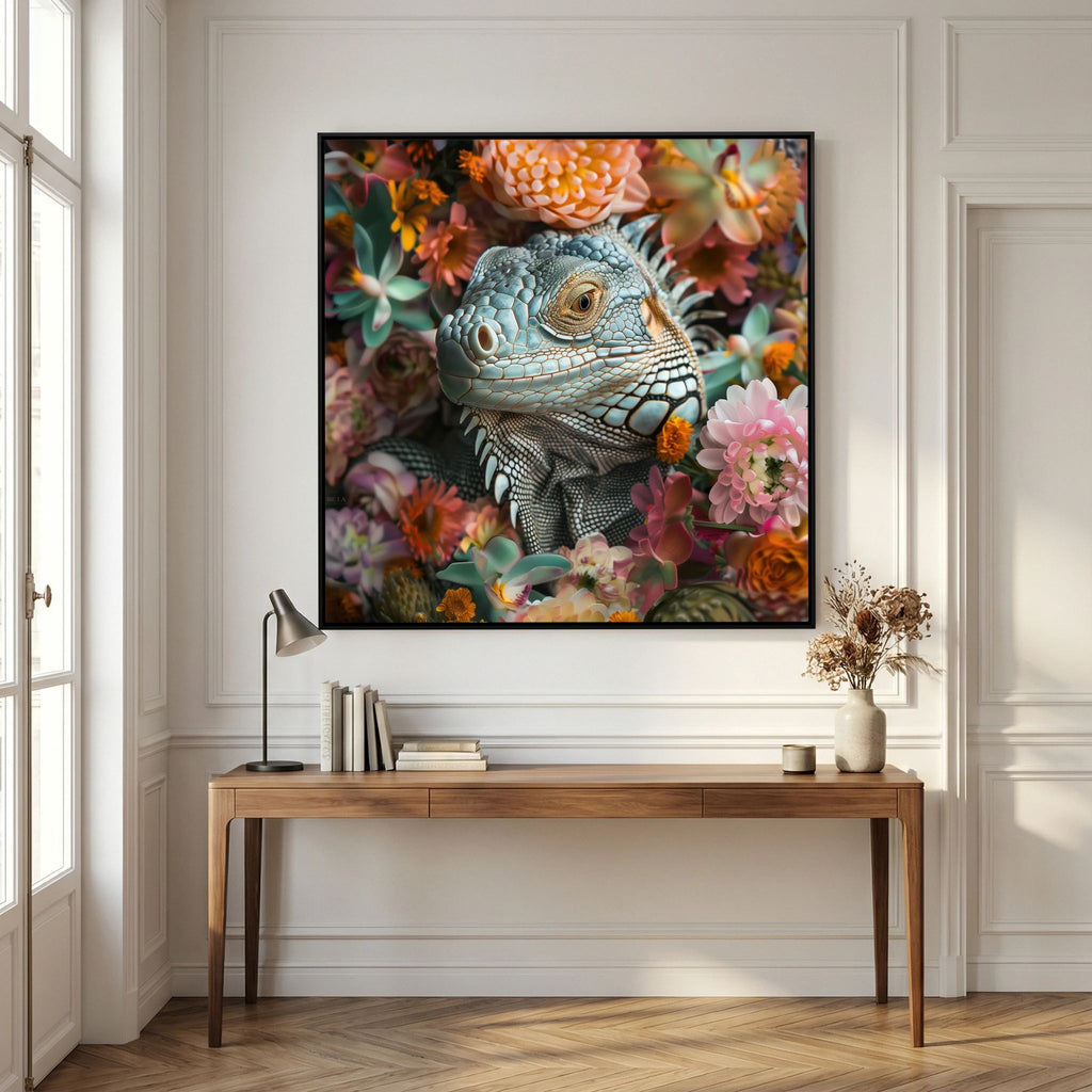 Iguana Flowers, tirage sur toile de MaxL avec cadre noir, au-dessus d'une console en bois