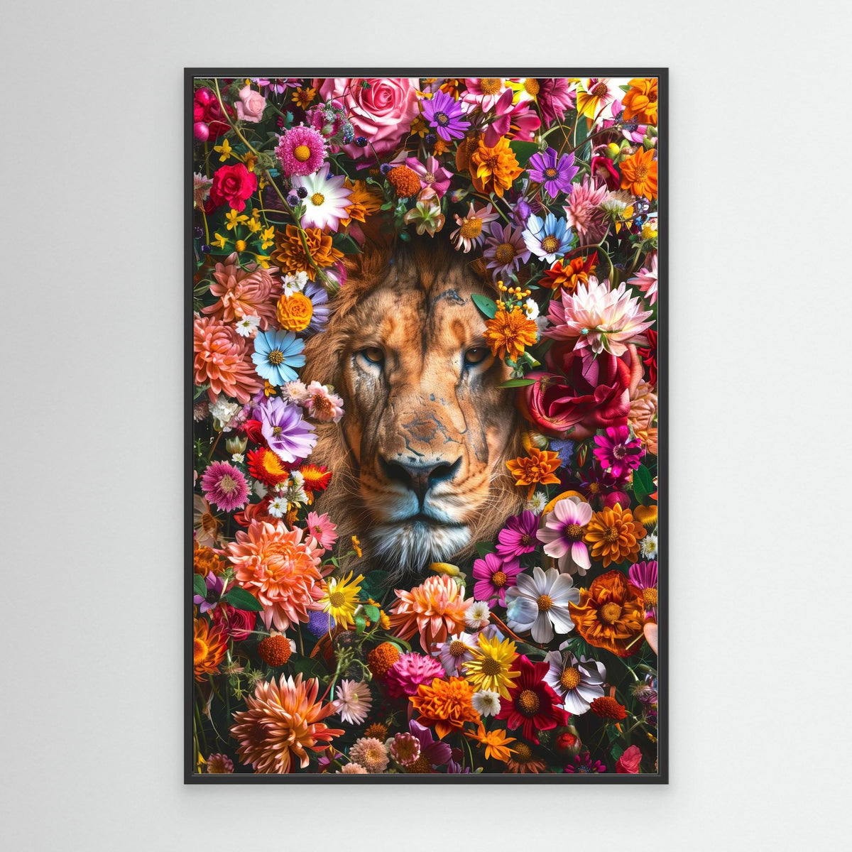 Lion Flowers Portrait, tirage sur toile de MaxL avec cadre noir