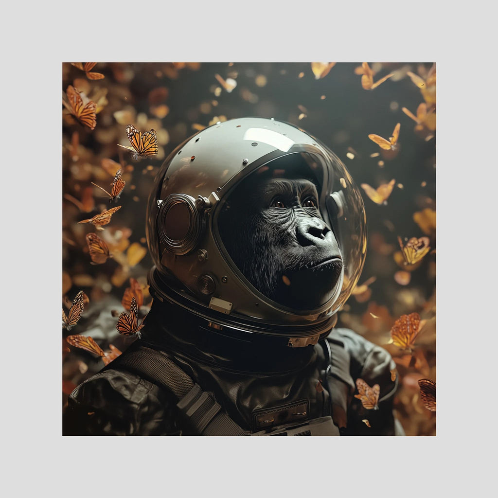 Space Gorilla, affiche sur papier fine art de MaxL : un gorille en casque d'astronaute, entouré de papillons orangés