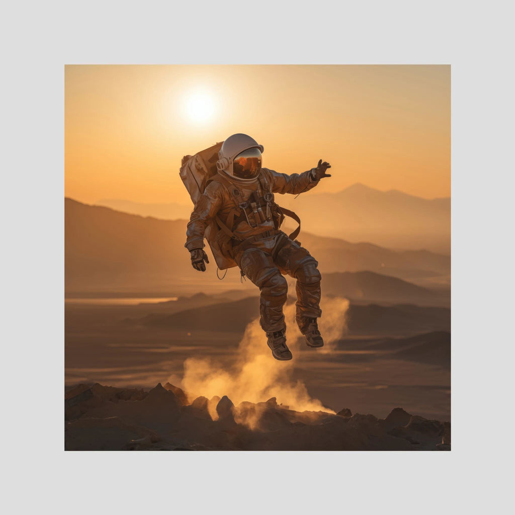 Flying astronaut in desert, affiche sur papier fine art de MaxL : un astronaute qui s'envole au-dessus du désert, au coucher du soleil