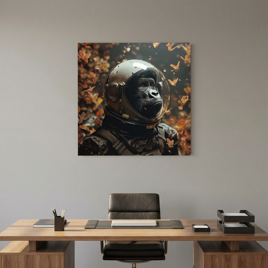 Affiche Space Gorilla de MaxL au-dessus d'un bureau en bois
