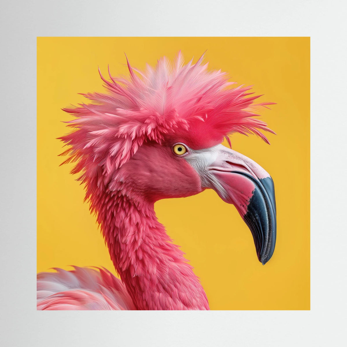 Punk Flamant Rose, affiche sur papier fine art de MaxL : un flamant rose à la crête punk sur fond jaune