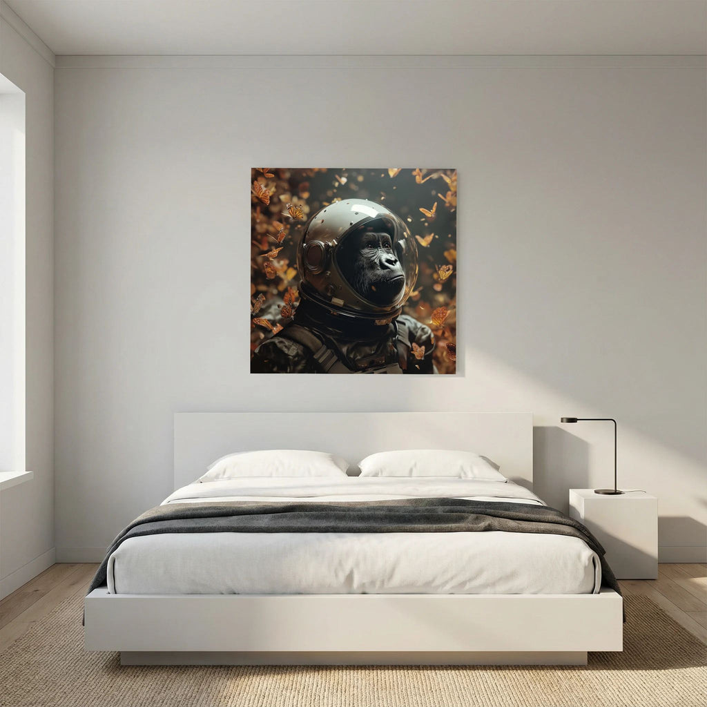 Affiche Space Gorilla de MaxL au-dessus d'un lit, dans une chambre