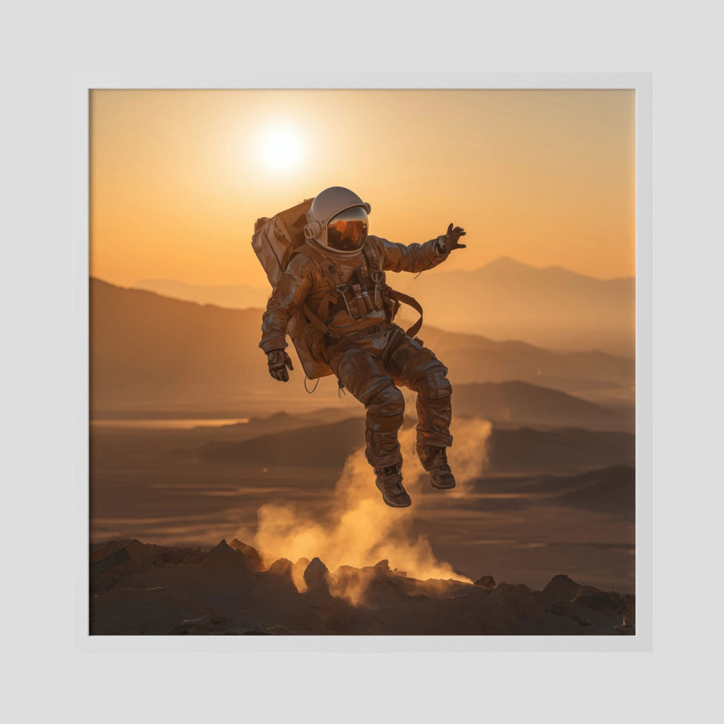 Affiche Flying astronaut in desert de MaxL encadrée, cadre en bois blanc