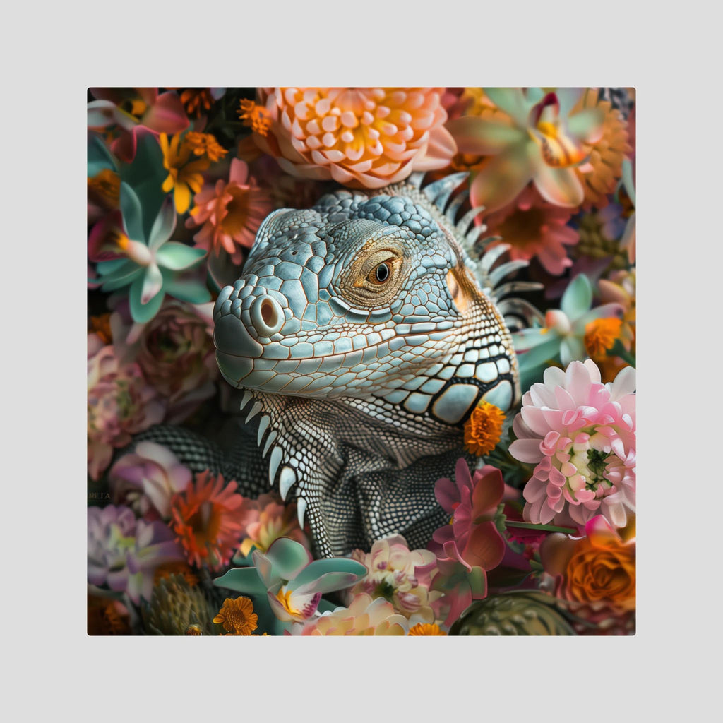 Iguana Flowers, tirage sur toile sans cadre de MaxL : un iguane gris-bleu au milieu de fleurs roses et pêche