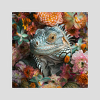 Iguana Flowers, tirage sur toile sans cadre de MaxL : un iguane gris-bleu au milieu de fleurs roses et pêche