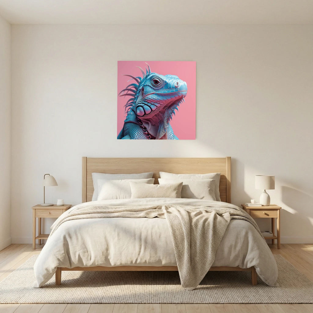Affiche Punk Iguane 2 de MaxL au-dessus d'un lit, dans une chambre