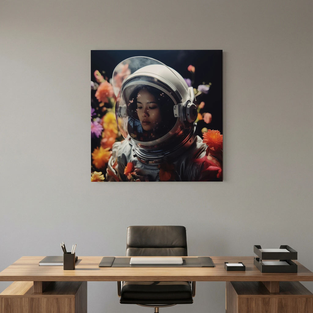 Affiche Flowers in space #2 de MaxL au-dessus d'un bureau en bois