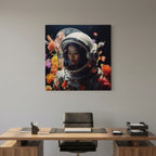 Affiche Flowers in space #2 de MaxL au-dessus d'un bureau en bois