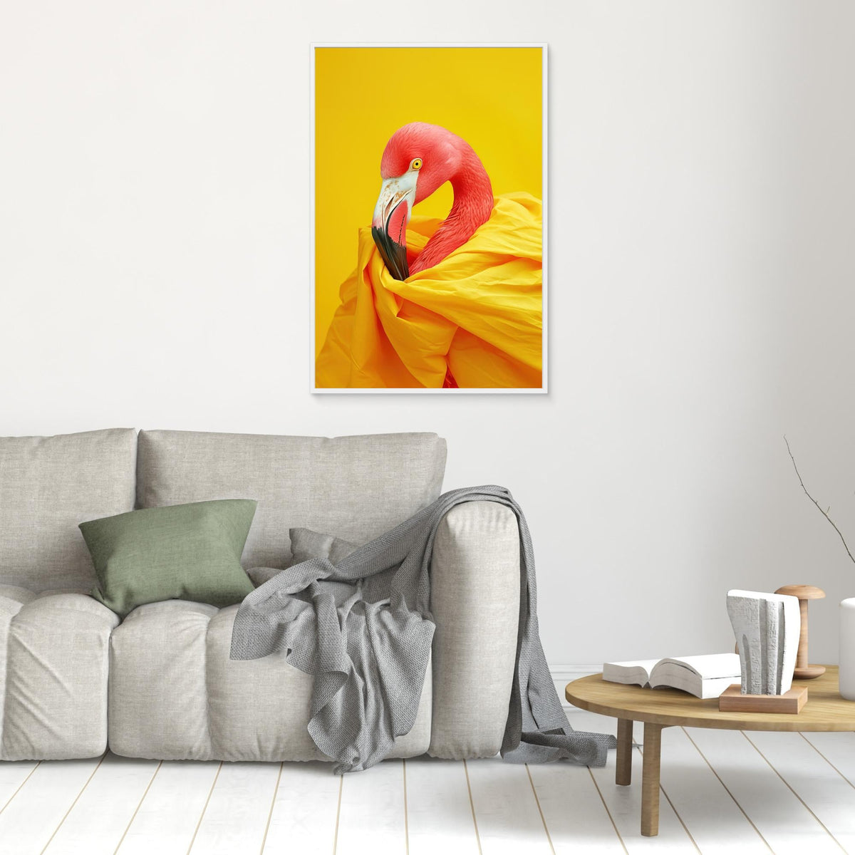 Diva Flamingo Portrait, tirage sur toile de MaxL au mur, mise en situation 1