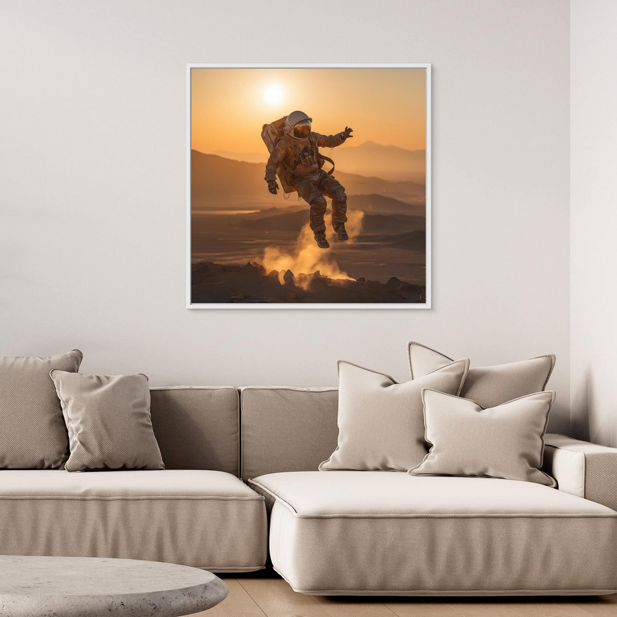Flying astronaut in desert