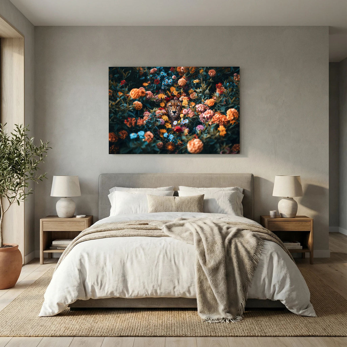 Affiche Cheetah Flowers de MaxL au-dessus d'un lit, dans une chambre