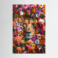 Lion Flowers Portrait, affiche sur papier fine art de MaxL : un lion entouré de fleurs multicolores