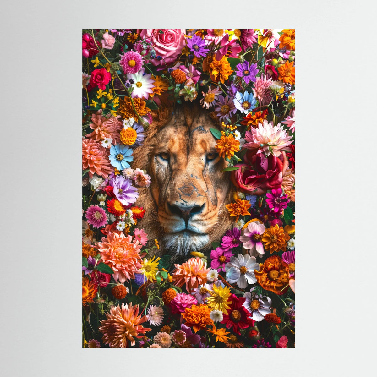 Lion Flowers Portrait, affiche sur papier fine art de MaxL : un lion entouré de fleurs multicolores