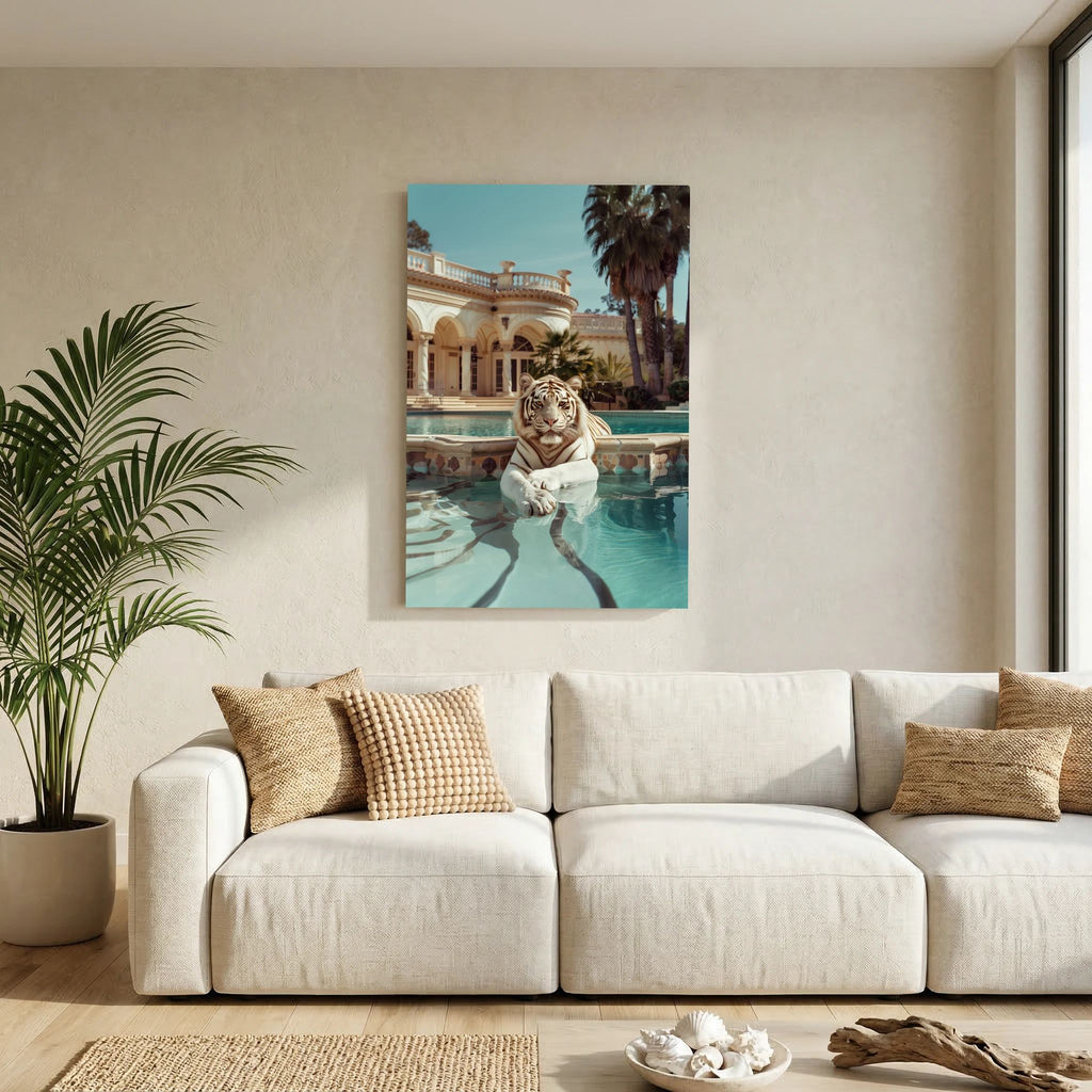 Affiche Tiger Nap de MaxL au-dessus d'un canapé, dans un salon