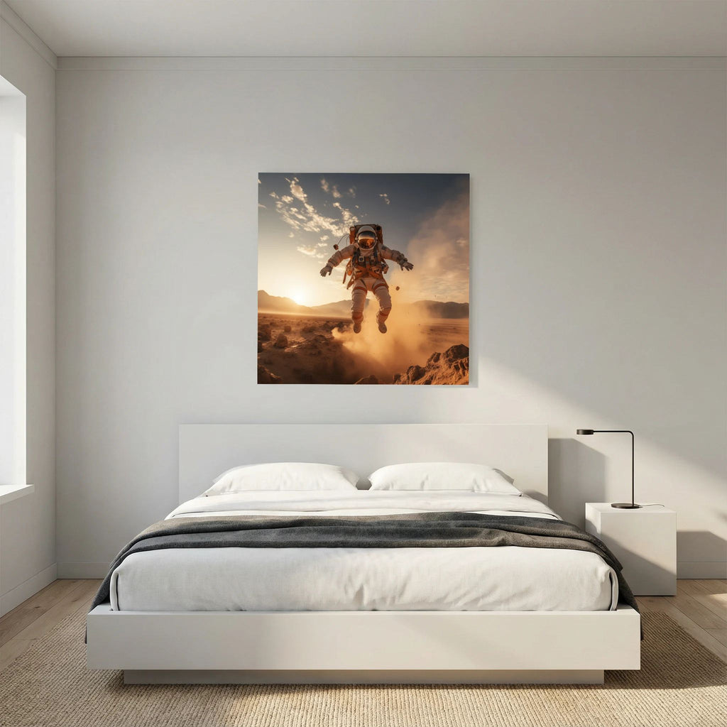 Affiche Flying astronaut in desert #2 de MaxL au-dessus d'un lit, dans une chambre