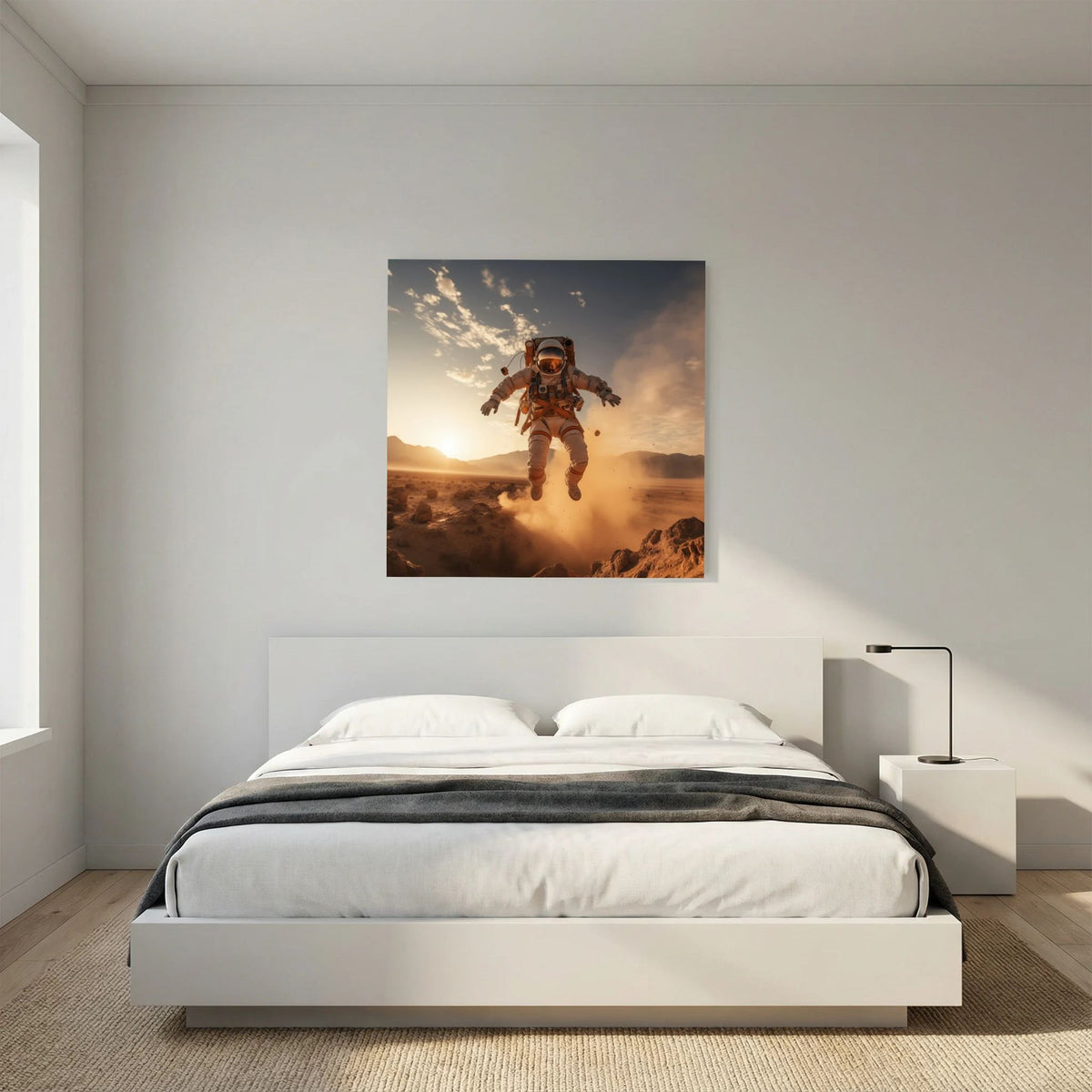 Affiche Flying astronaut in desert #2 de MaxL au-dessus d'un lit, dans une chambre