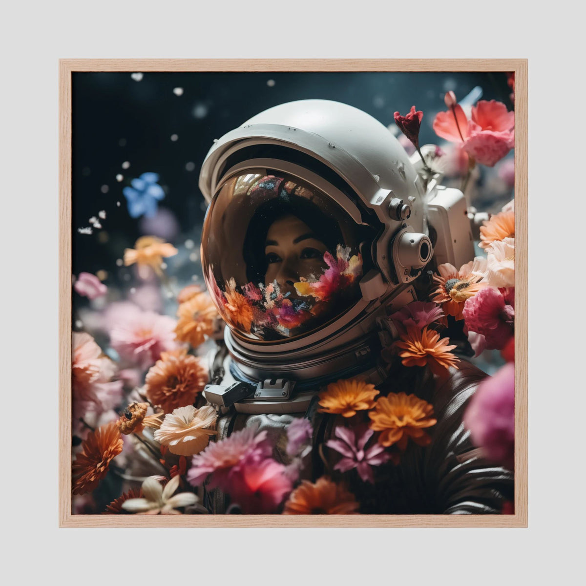 Affiche Flowers in space de MaxL encadrée, cadre en chêne clair