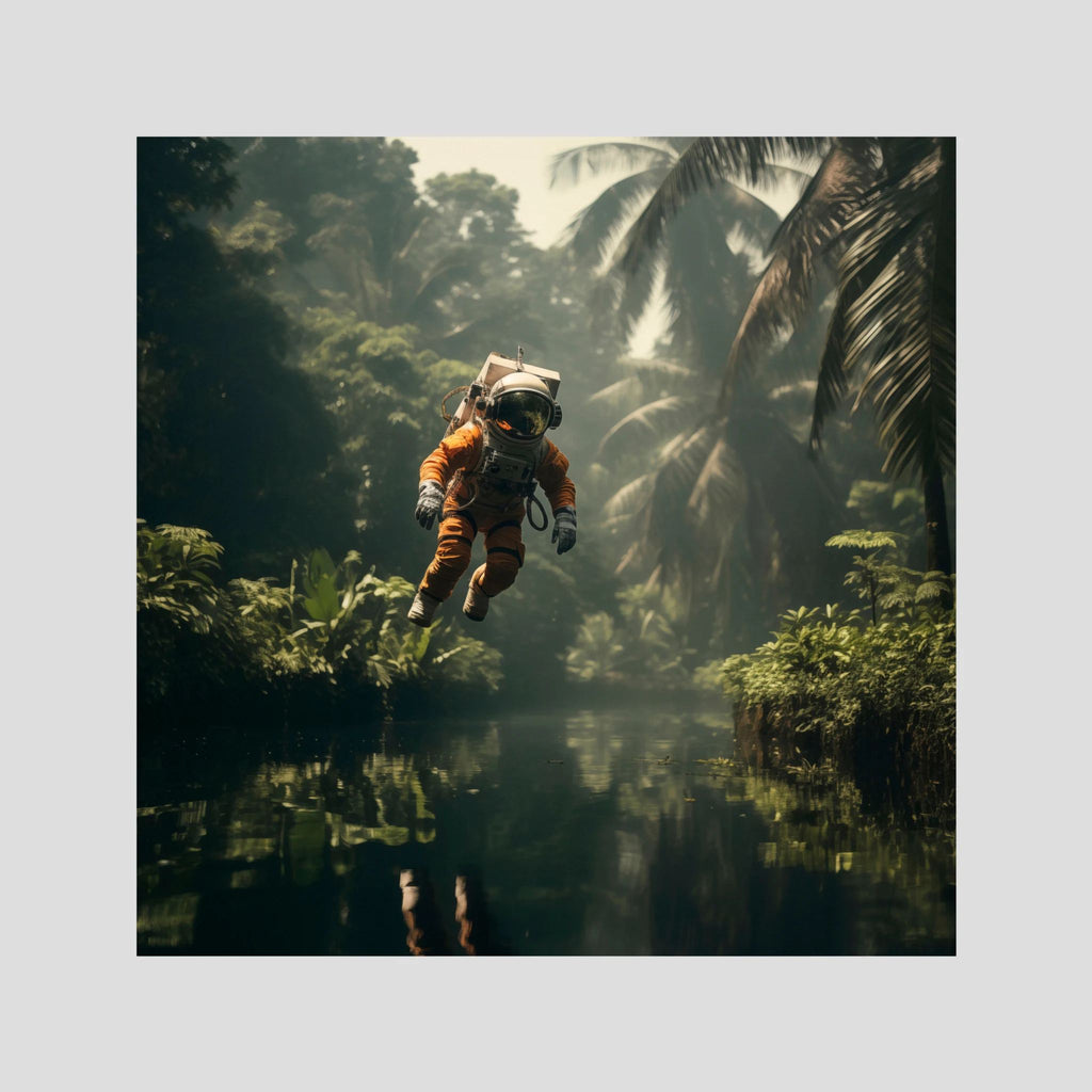 Flying astronaut in jungle, affiche sur papier fine art de MaxL : un astronaute qui flotte au-dessus d'une rivière, dans la jungle