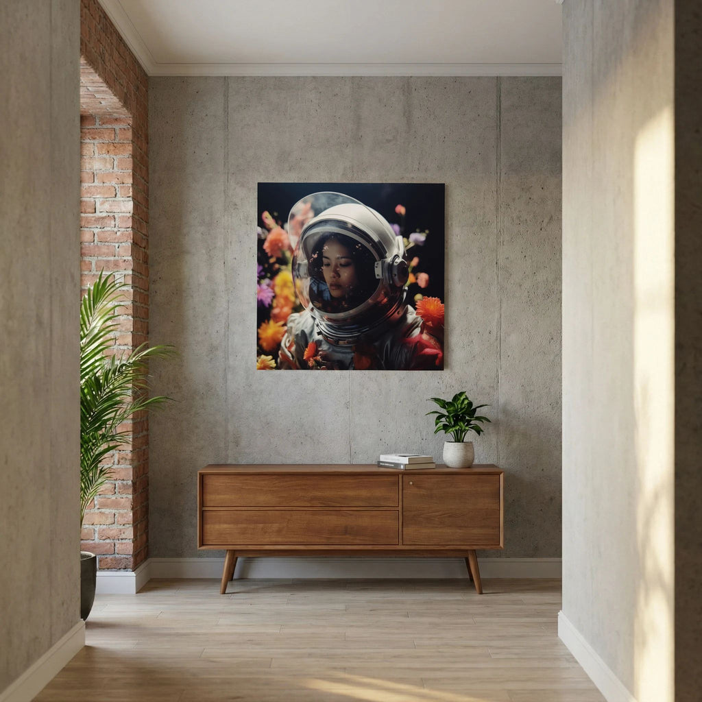 Affiche Flowers in space #2 de MaxL au-dessus d'un buffet en bois