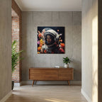 Affiche Flowers in space #2 de MaxL au-dessus d'un buffet en bois