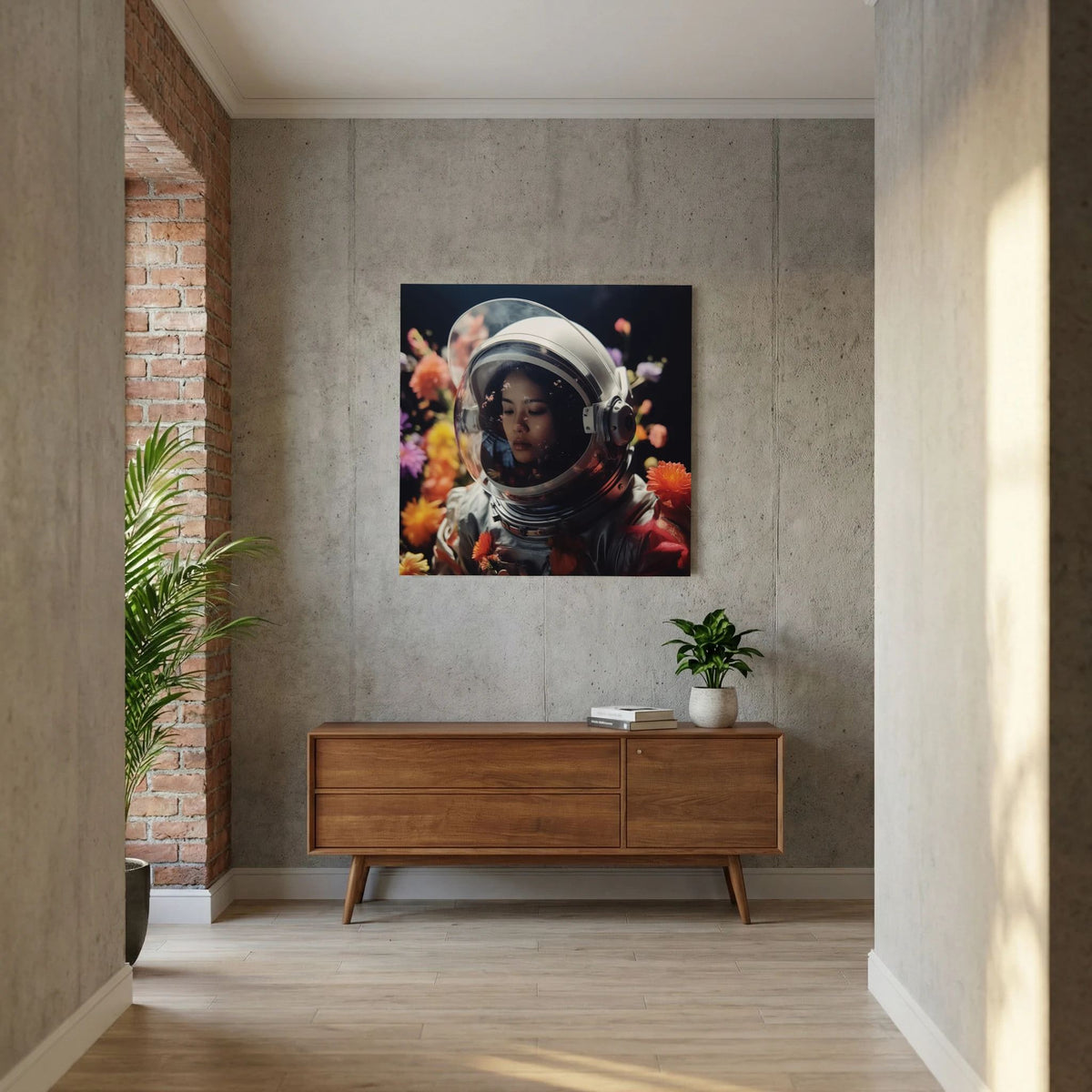 Affiche Flowers in space #2 de MaxL au-dessus d'un buffet en bois