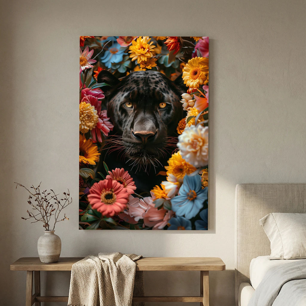 Affiche Black Panther Flowers de MaxL au-dessus d'une console en bois