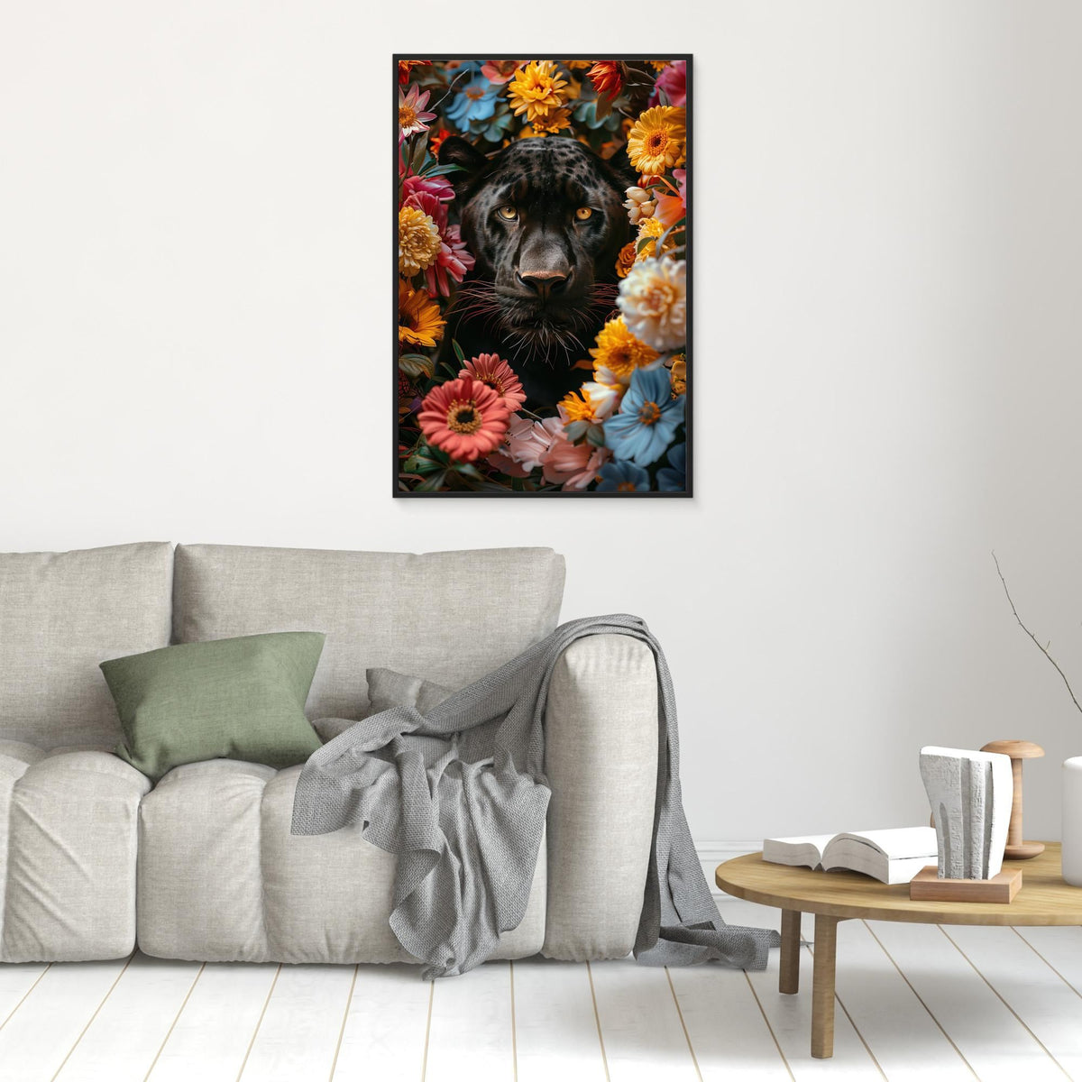 Black Panther Flowers, tirage sur toile de MaxL au mur, mise en situation 1