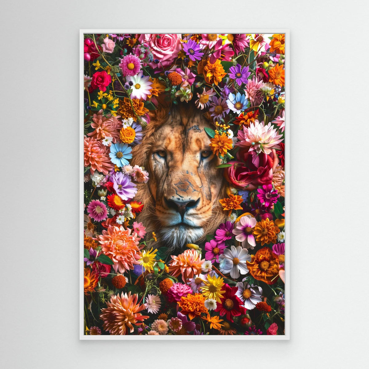 Lion Flowers Portrait, tirage sur toile de MaxL avec cadre blanc