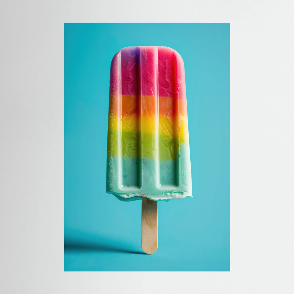 Frozen Rainbow, affiche sur papier fine art de MaxL : une glace à l'eau aux couleurs de l'arc-en-ciel sur fond bleu